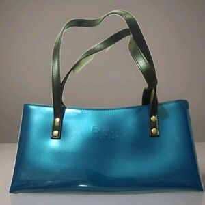 Beijo Classic Handbag Purse Teal Blue Patent Leather Brown Straps Clean